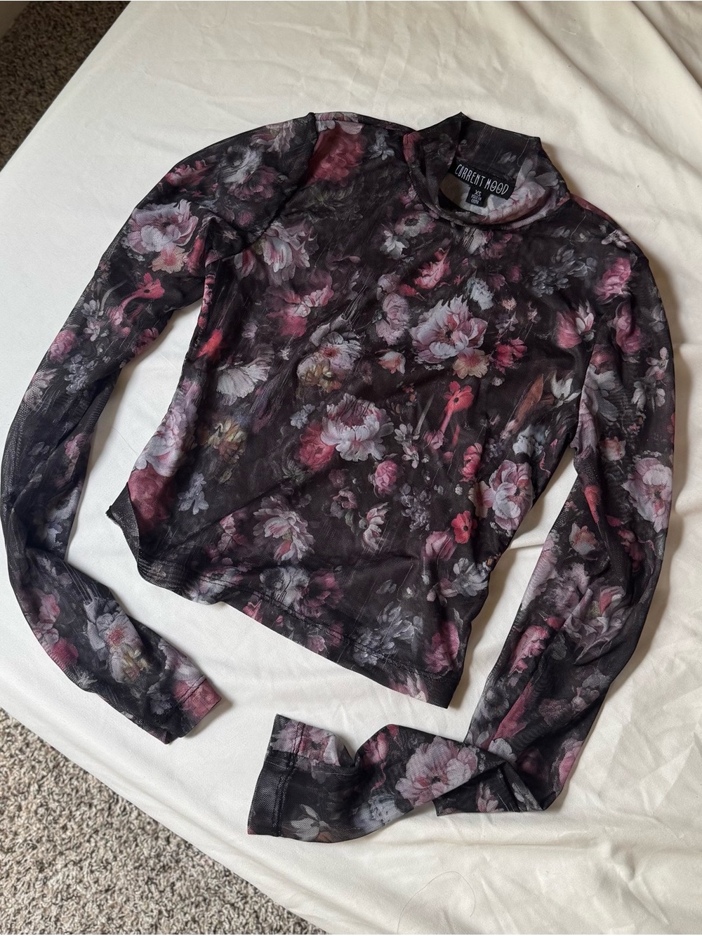 Dolls Kill Black Floral Mesh Long Sleeve Top with Pink Accents